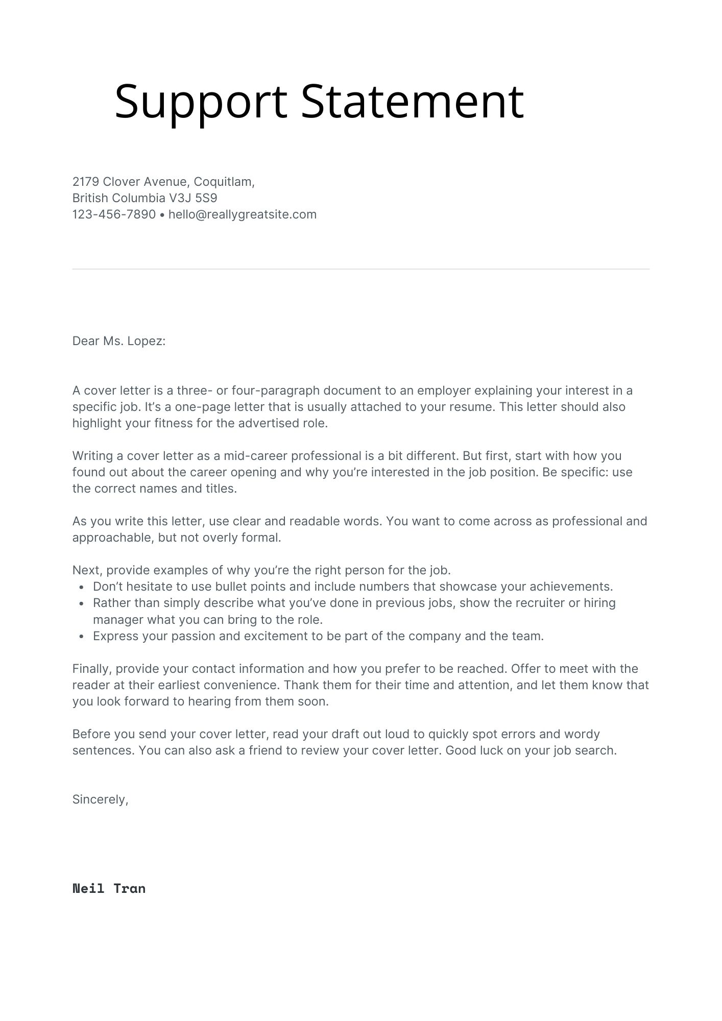 Support Statement/ Motivational Letter/ Professional Bio